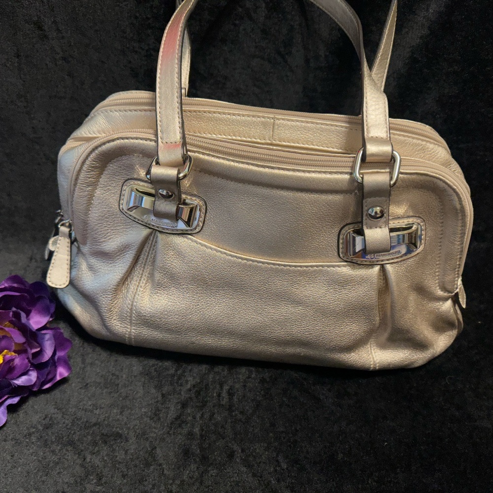 B. Makowsky Gold Leather Handbag Satchel Tote Bag with Double Handles